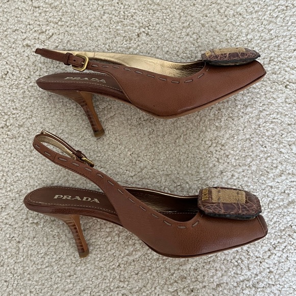 Vintage Prada 90s Logo Raffia Buckle Leather Slingback Sandals Heels Brown 35 5 - Picture 4 of 11